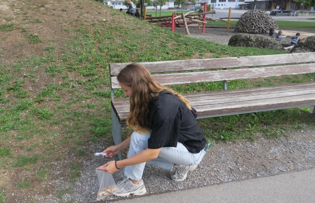 Die Parkbänke sind ein Hotspot für Zigaretten-Littering. Felicitas Ettlin beim Sammeln der Zigarettenstummel